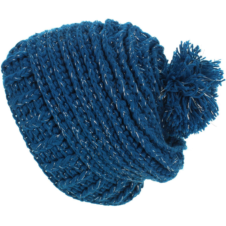 Ribbed Tinsel Bobble Beanie Hat - Blue