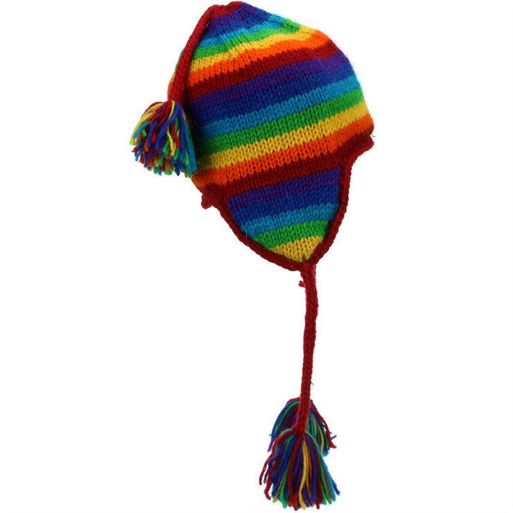 Wool Knit Earflap Tassel Hat - Stripe Rainbow