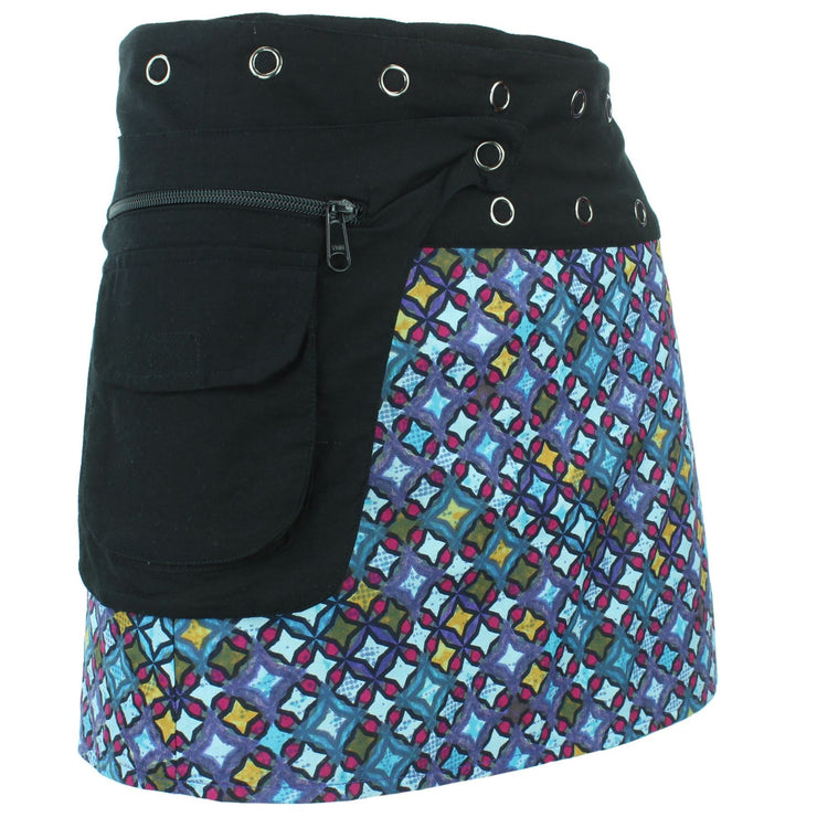 Reversible Popper Wrap Mini Skirt - Blue Patch Strips / Diamond Block