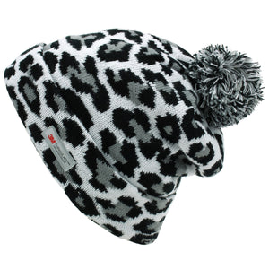 Leopard Print Beanie Hat with Bobble - White