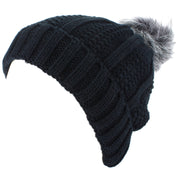 Chunky Beanie Hat with Faux Fur Pom and Super Soft Fleece Lining - Black