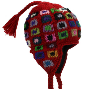Wool Knit Earflap Tassel Hat - Square Red