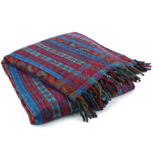 Akryl uld sjal tæppe - stribe - rød & turkis