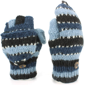 Chunky Wool Knit Fingerless Shooter Gloves - Stripe - Blue & Black