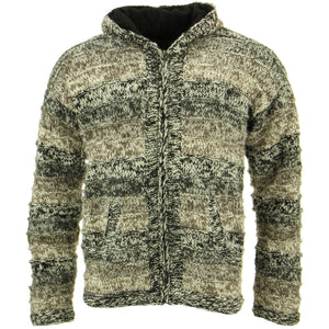 Space-Dye-Cardigan-Jacke aus grobem, geripptem Wollstrick mit Kapuze – Braun