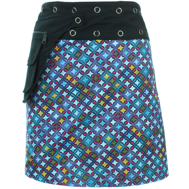 Reversible Popper Wrap Knee Length Skirt - Blue Patch Strips / Diamond Block