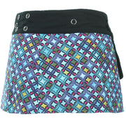 Reversible Popper Wrap Children's Size Mini Skirt - Blue Patch Strips / Diamond Block