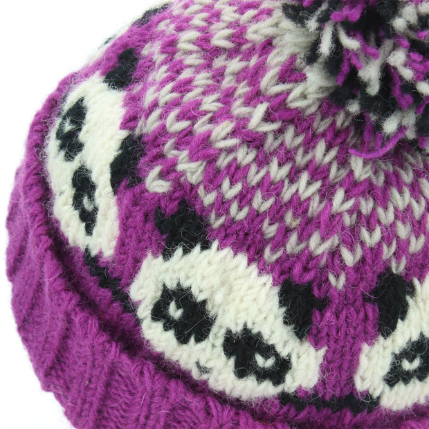 Wool Knit Bobble Beanie Hat - Panda - Pink White