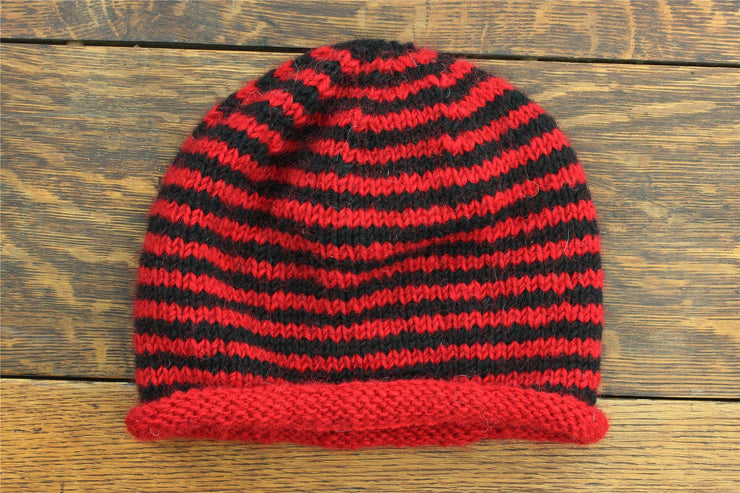 Hand Knitted Wool Beanie Hat - Stripe Red Black