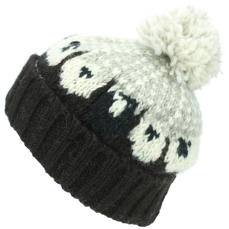 Wool Knit Bobble Beanie Hat - Sheep - Brown Grey