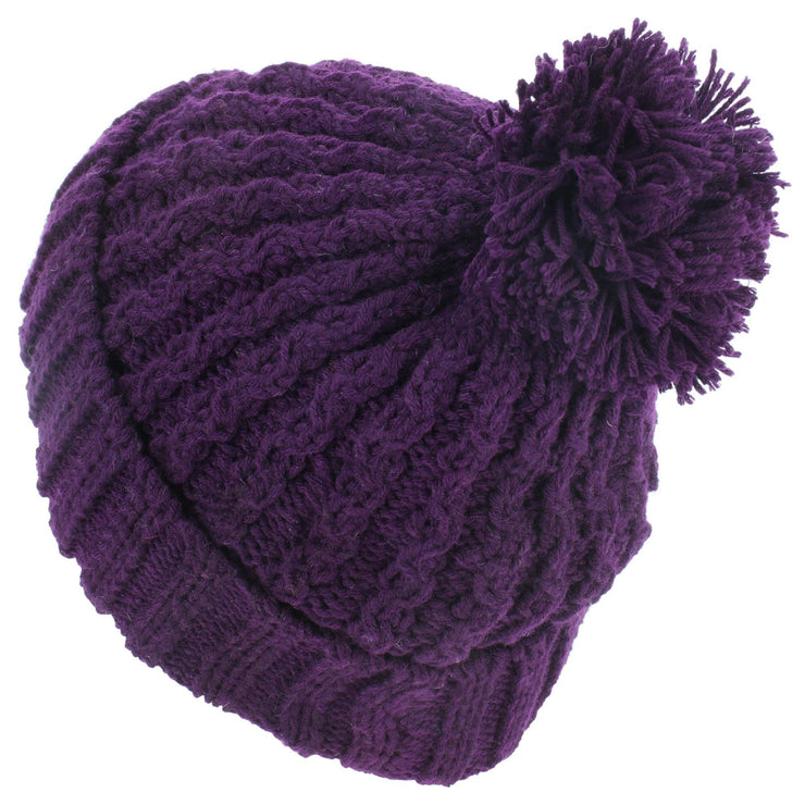 Cable Knit Bobble Beanie Hat - Purple