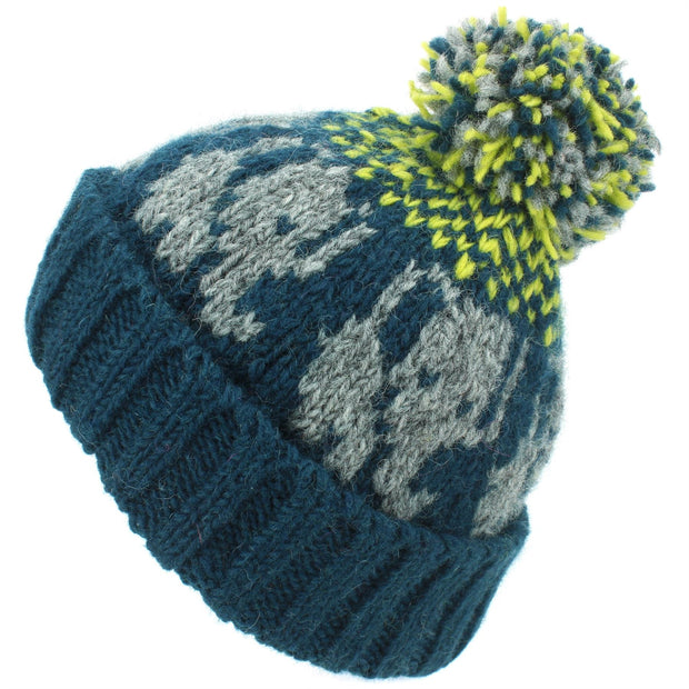 Wool Knit Bobble Beanie Hat - Elephant - Teal Yellow