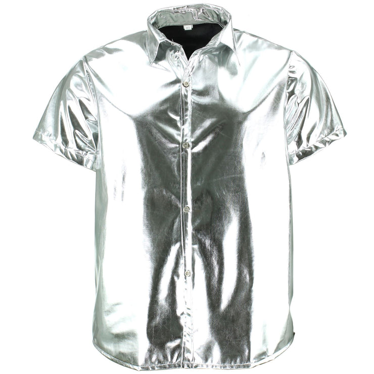 Shiny Metallic Short Sleeve Shirt - Silver