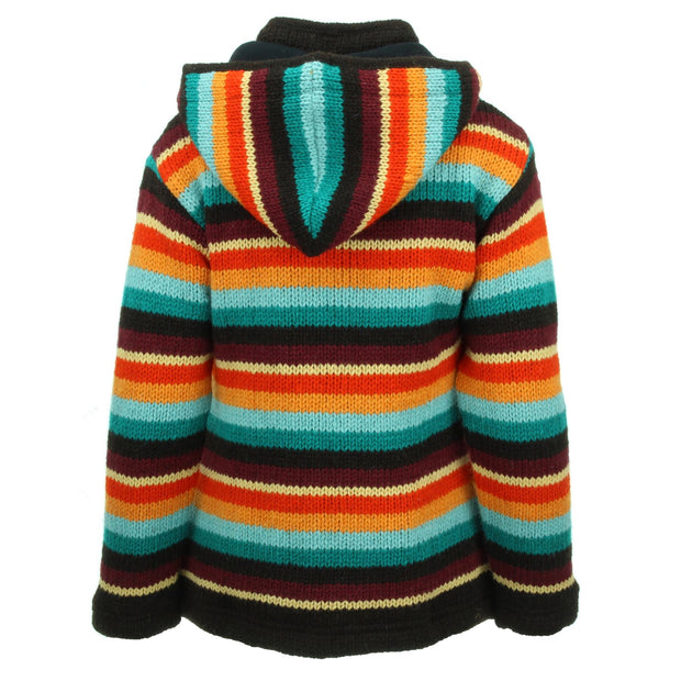 Hand Knitted Wool Hooded Jacket Cardigan Ladies Cut - Stripe Retro D