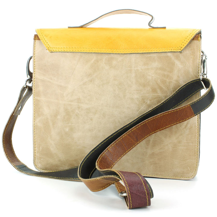 Real Leather Colourful Satchel Messenger Shoulder Bag - Yellow & Navy Mix