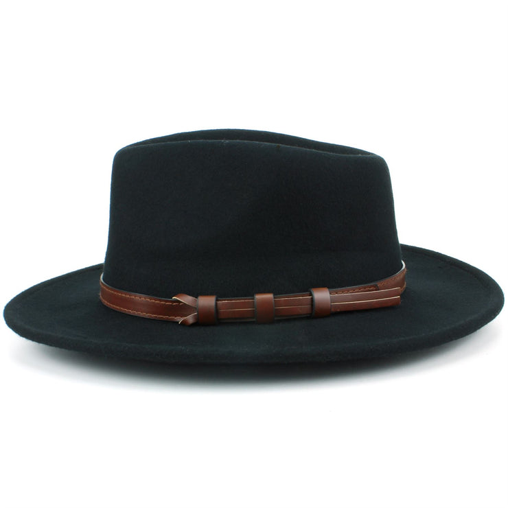 Wool Fedora Hat with Faux Leather Band - Black