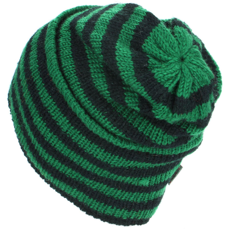 Wool Knit Ridge Beanie Hat with Fleece Lining - Green & Black