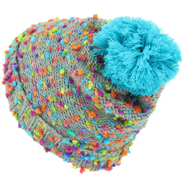 Children's Grey Beanie Bobble Hat with Rainbow Fleck - Blue Bobble