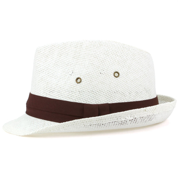 Straw Trilby Fedora Hat with Ventilation and Ribbon - White