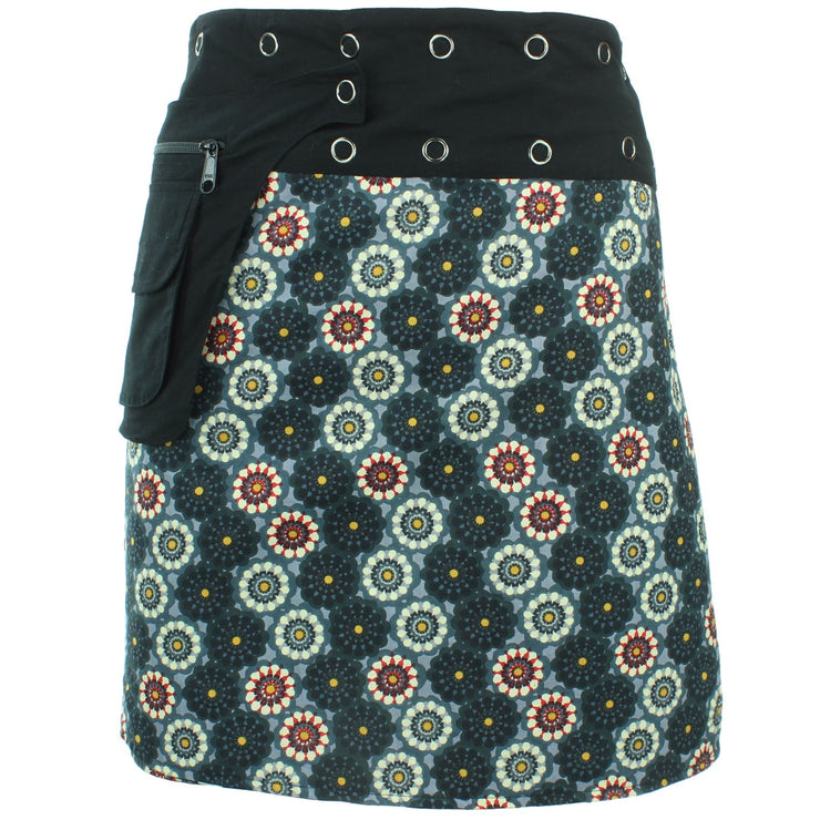 Reversible Popper Wrap Knee Length Skirt - Black Patch Strips / Kaleidoscope