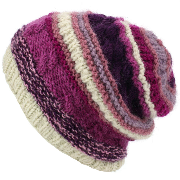 Wool Knit Beanie Hat - Stripe Pink