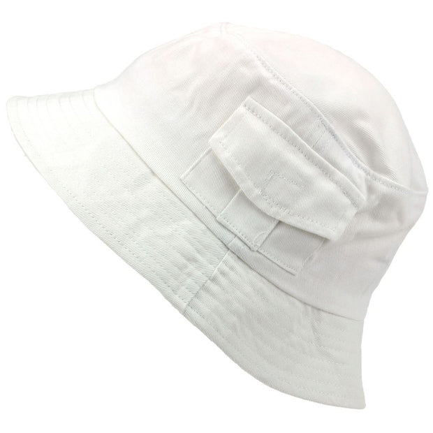 Bucket Hat with Velcro Side Pocket and UV Protection - White