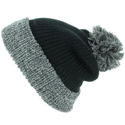 Chunky Double Knit Beanie Hat with Contrast Marl Bobble and Turn-up - Black