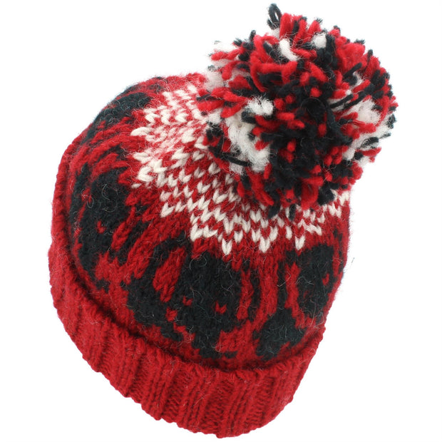 Wool Knit Bobble Beanie Hat - Elephant - Red White