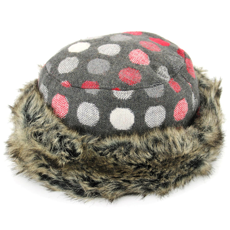 Spotty Polka Dot Hat with Faux Fur cuff - Dark Grey