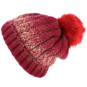 Colour Fade Bobble Beanie Hat with Faux Fur Pom - Red