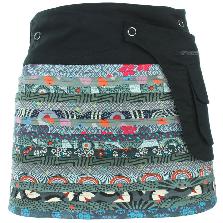 Reversible Popper Wrap Mini Skirt - Grey Patch Strips / Spiral Garden