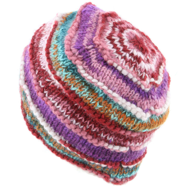 Chunky Ribbed Wool Knit Beanie Hat with Space Dye Design - Pink