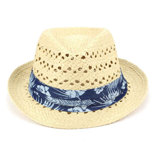 Straw Trilby Fedora Hat with Hibiscus Floral Band - Natural