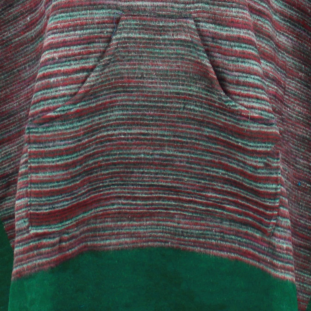 Soft Vegan Wool Hooded Tibet Poncho - Red Grey & Racing Green