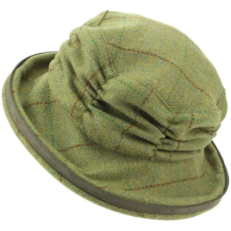 Ladies Wool Tweed Cloche Hat with a Ruched Crown - Mid Green