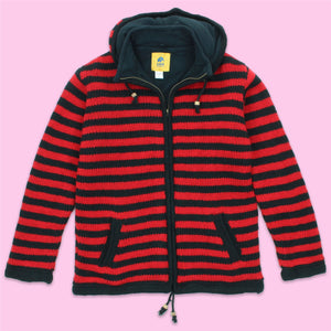Cardigan veste à capuche en laine tricotée à la main - rayure rouge noir