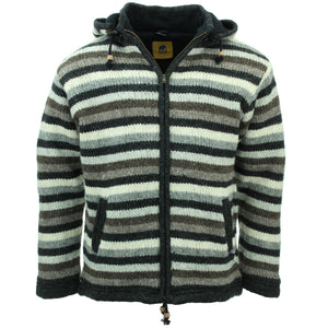 Cardigan veste à capuche en laine tricotée à la main - rayure naturelle