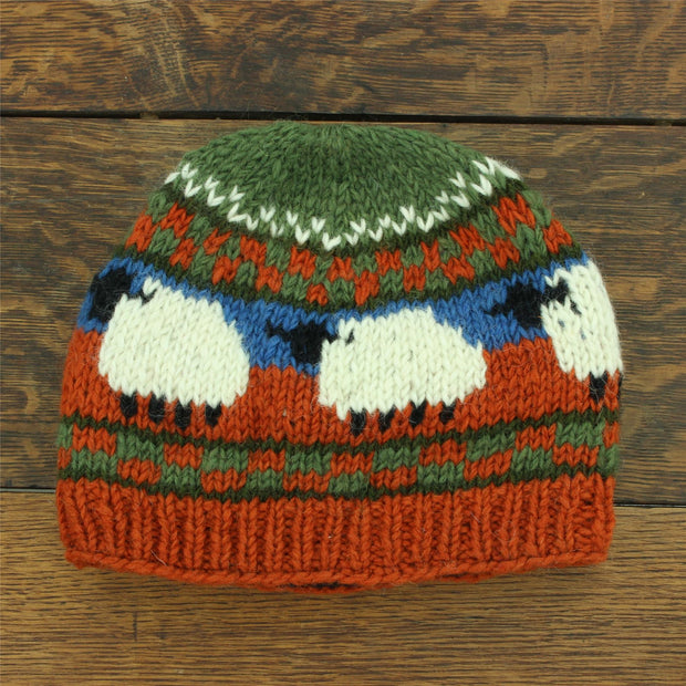 Hand Knitted Wool Beanie Hat - Sheep Orange Green