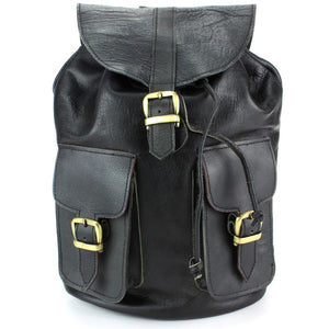 Rucksack aus echtem Leder mit zwei Vordertaschen – Schwarz