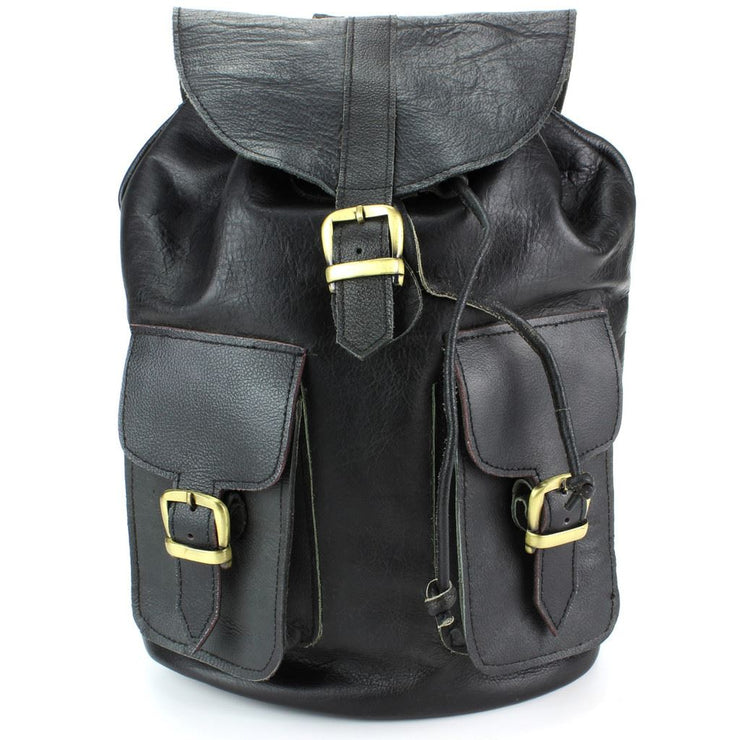 Real Leather Backpack with Two Front Pockets - Black