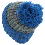 Wool Knit Beanie Bobble Hat - Dark Grey & Blue