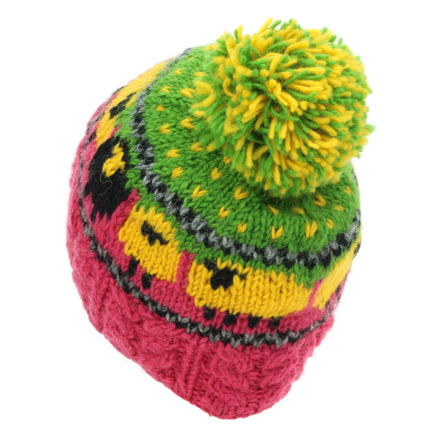 Wool Knit Bobble Beanie Hat - Sheep - Pink Green Yellow