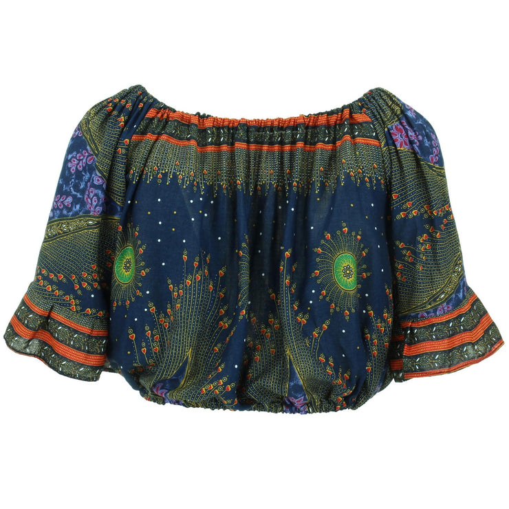 Peacock Print Bardot Top - Blue