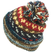 Chunky Wool Knit Abstract Pattern Beanie Bobble Hat - 17 Blue Brown