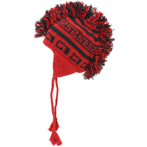 Wollgestrickte „Punk“-Mohawk-Mütze mit Ohrenklappen – Rot und Schwarz