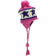 Wool Knit Earflap Bobble Hat - Star Pink