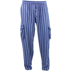 Classic Nepalese Lightweight Cotton Striped Cargo Trousers Pants - Blue