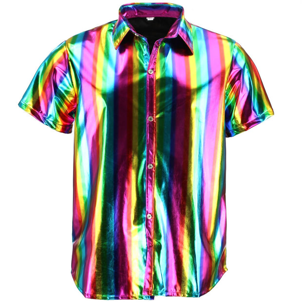 Shiny Metallic Short Sleeve Shirt - Rainbow