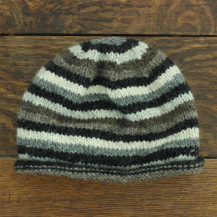 Hand Knitted Wool Beanie Hat - Stripe Natural