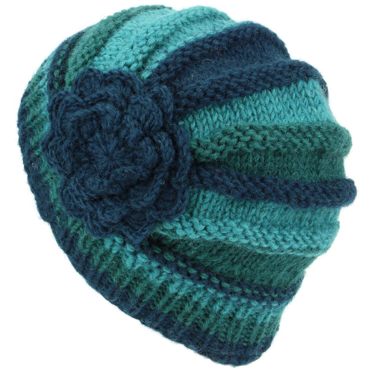Ladies Chunky Wool Knit Shell Shaped Beanie Hat with Side Flower - Teal